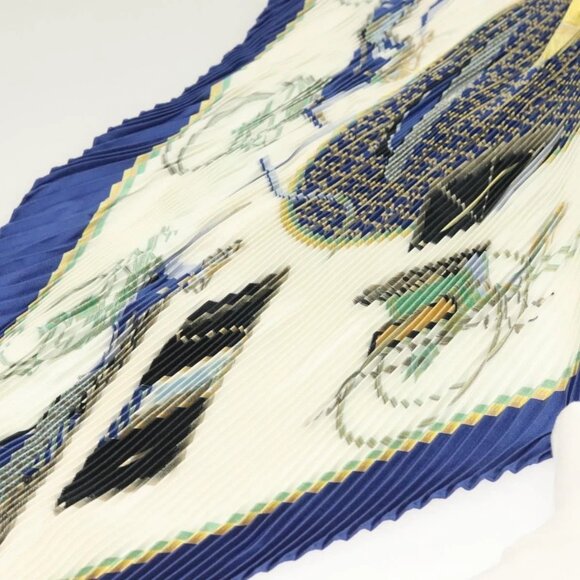 HERMES Pleated Scarf ""LES VOITURES A TRANSFORMATION"" Silk Blue Auth - Picture 9 of 16